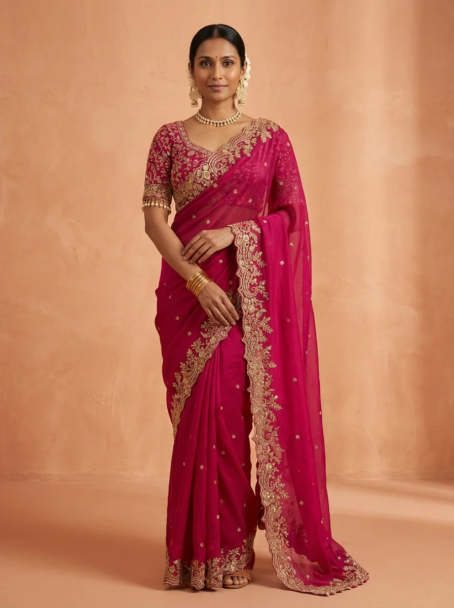 Catalogue shoot example - AI photoshoot of a saree on a marketplace-ready backdrop